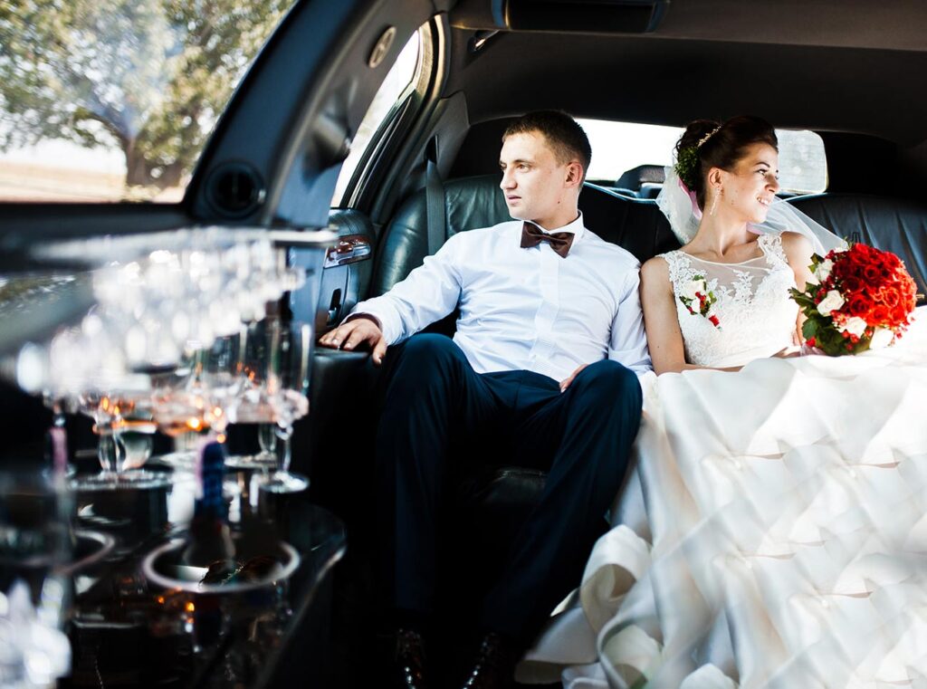 wedding couple in limo